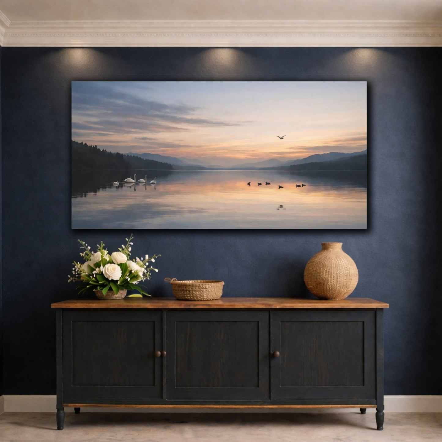 Nature Lake Birds Blue And Orange - Canvas Wall Art Print - YesArtYes