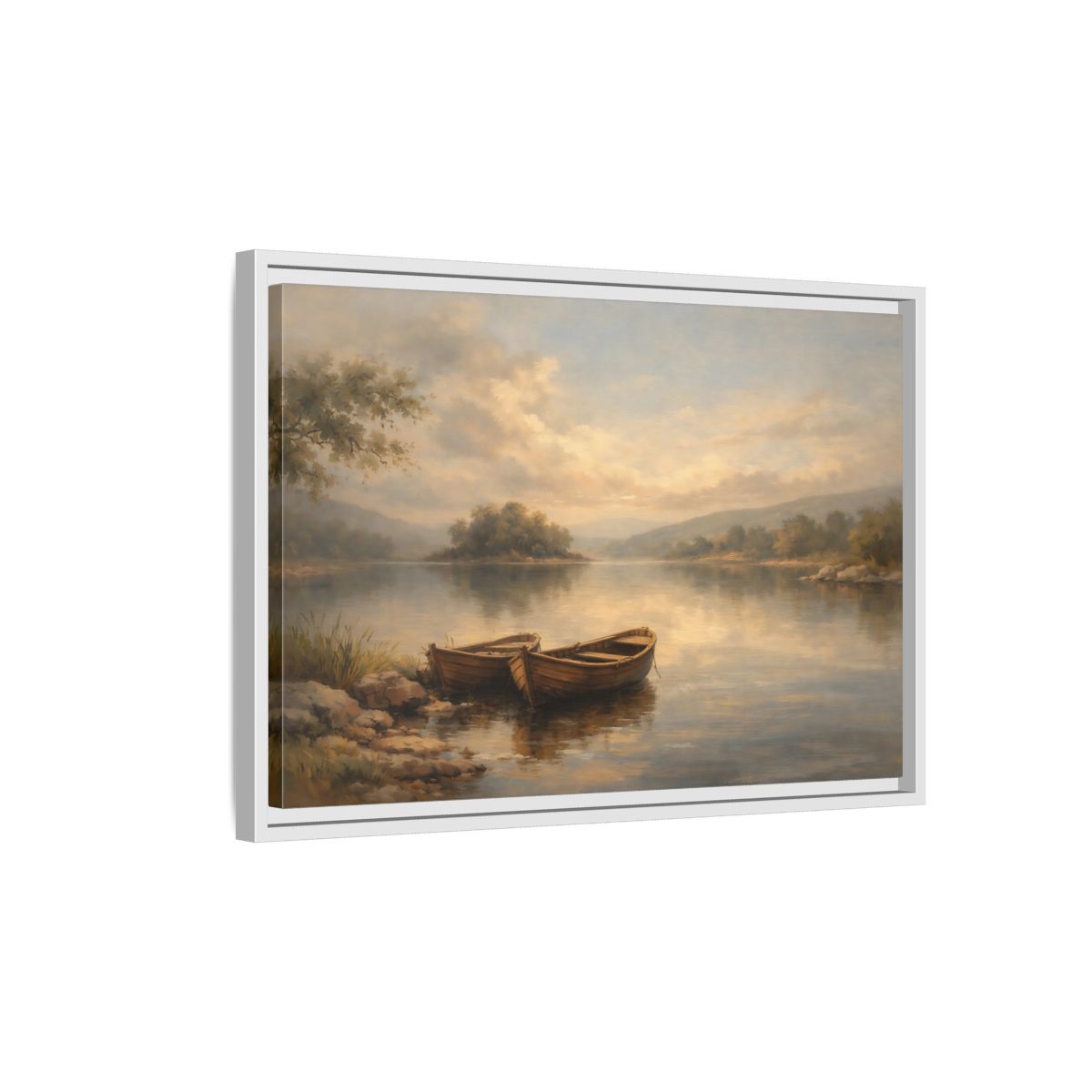 Side Mockup 1. Nature Lake Boats Golden Hour Lake shown as stretched canvas wall art