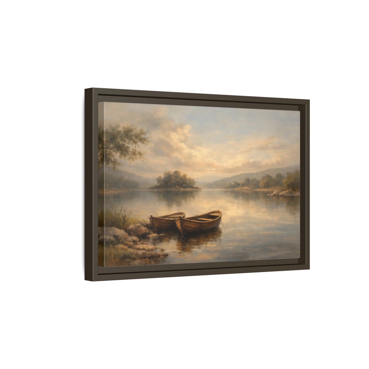 Side Mockup 5. Nature Lake Boats Golden Hour Lake shown as stretched canvas wall art