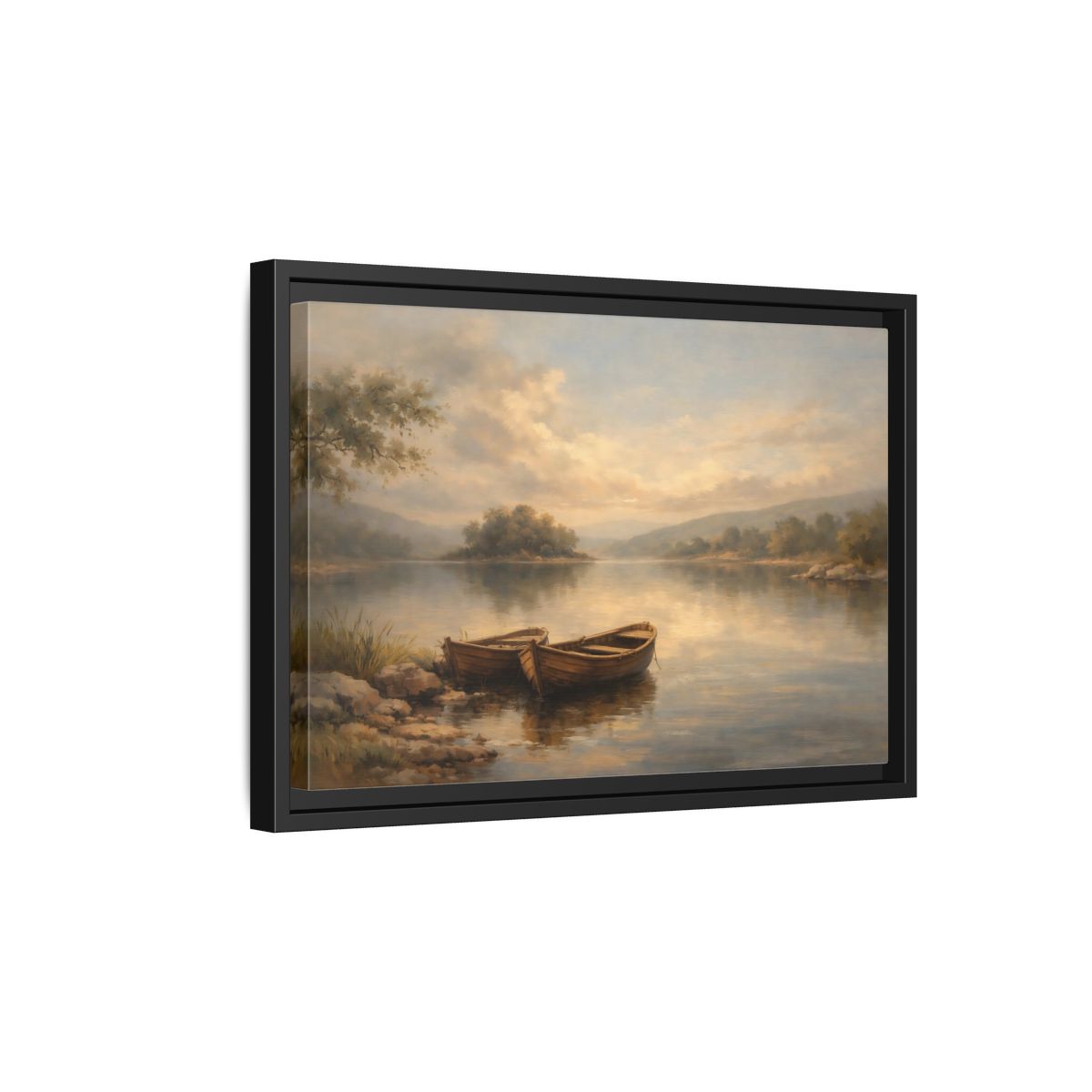Side Mockup 6. Nature Lake Boats Golden Hour Lake shown as stretched canvas wall art