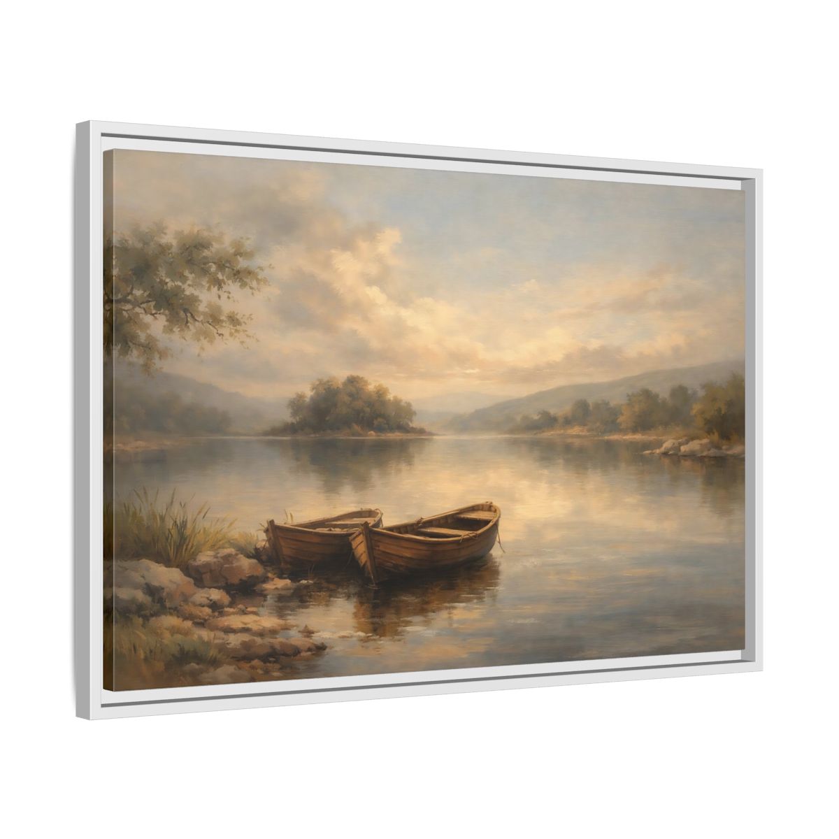 Side Mockup 10. Nature Lake Boats Golden Hour Lake shown as stretched canvas wall art