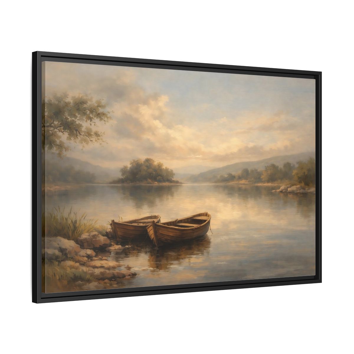 Side Mockup 13. Nature Lake Boats Golden Hour Lake shown as stretched canvas wall art