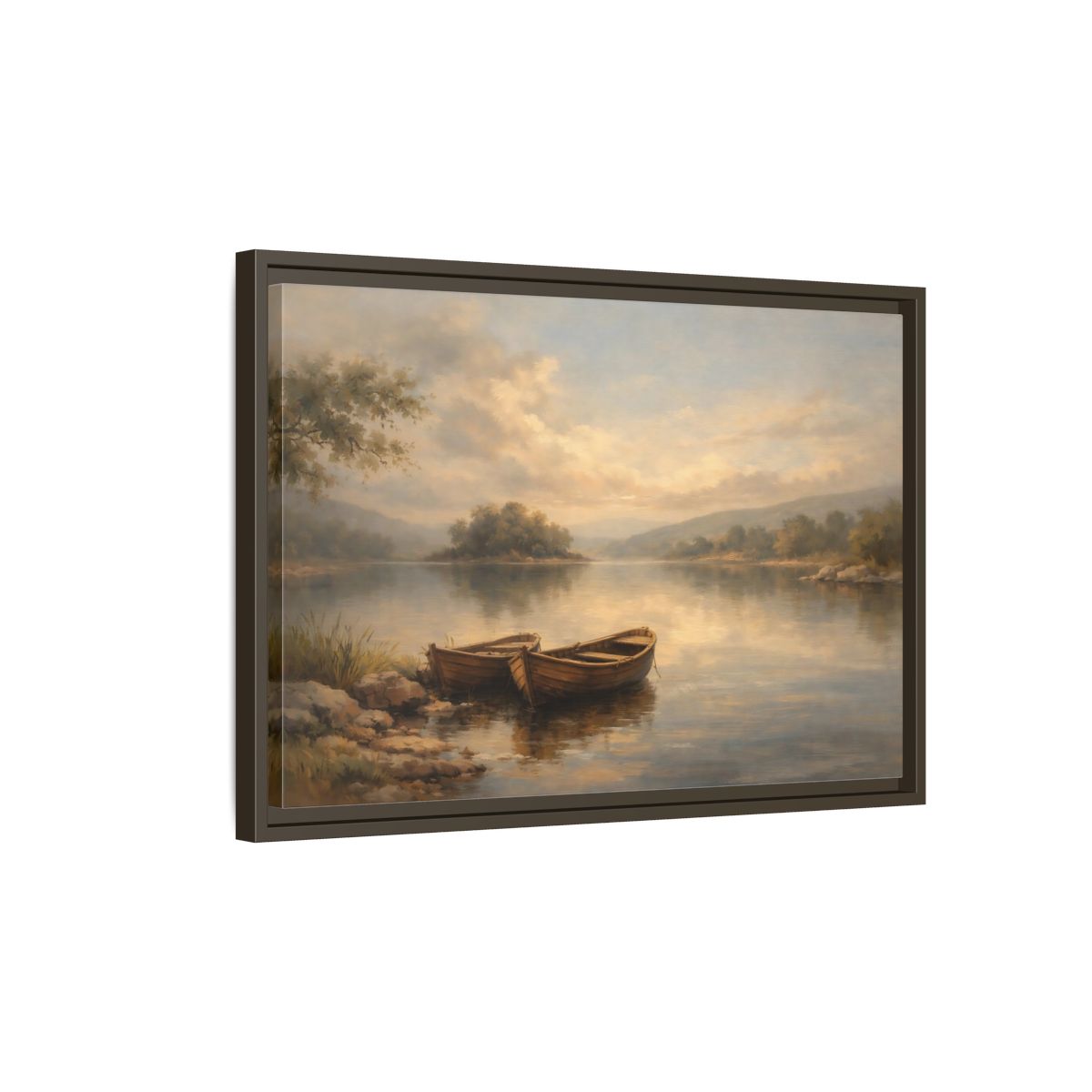 Side Mockup 2. Nature Lake Boats Golden Hour Lake shown as stretched canvas wall art
