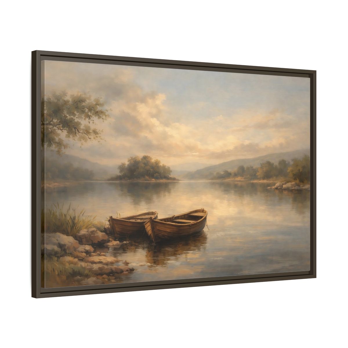 Side Mockup 9. Nature Lake Boats Golden Hour Lake shown as stretched canvas wall art
