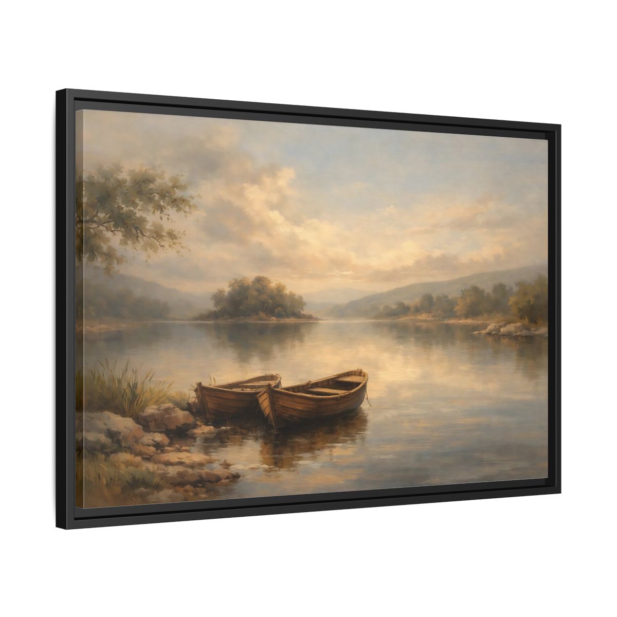 Side Mockup 14. Nature Lake Boats Golden Hour Lake shown as stretched canvas wall art