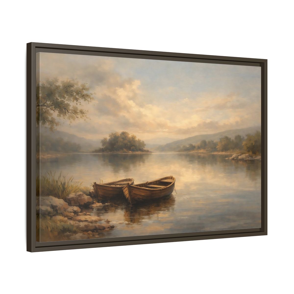 Side Mockup 11. Nature Lake Boats Golden Hour Lake shown as stretched canvas wall art
