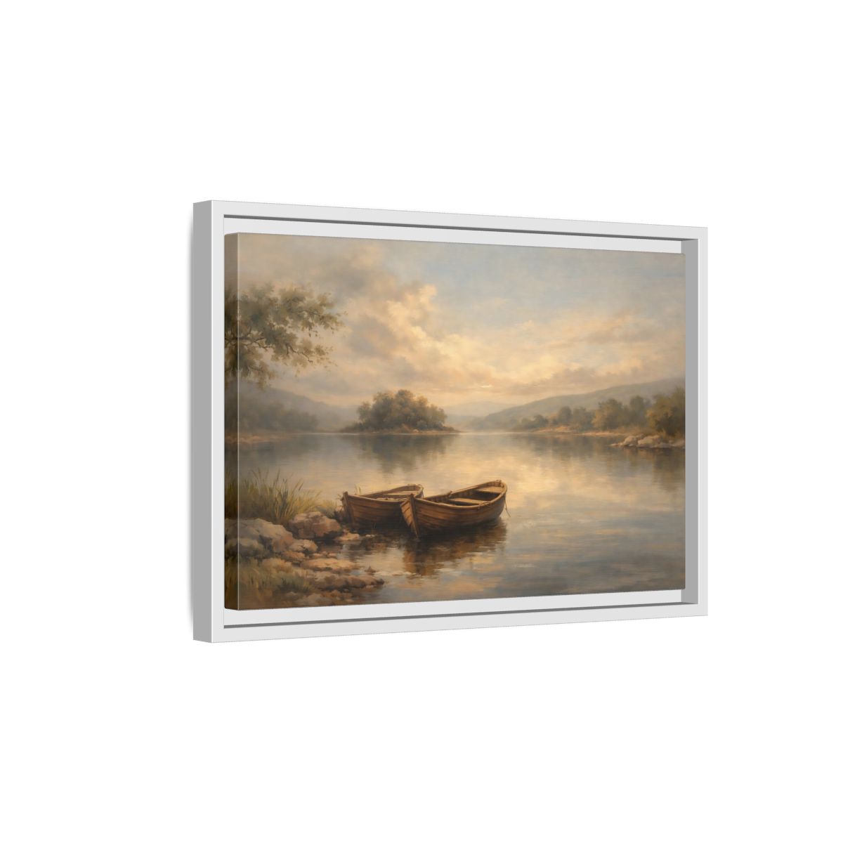 Side Mockup 4. Nature Lake Boats Golden Hour Lake shown as stretched canvas wall art