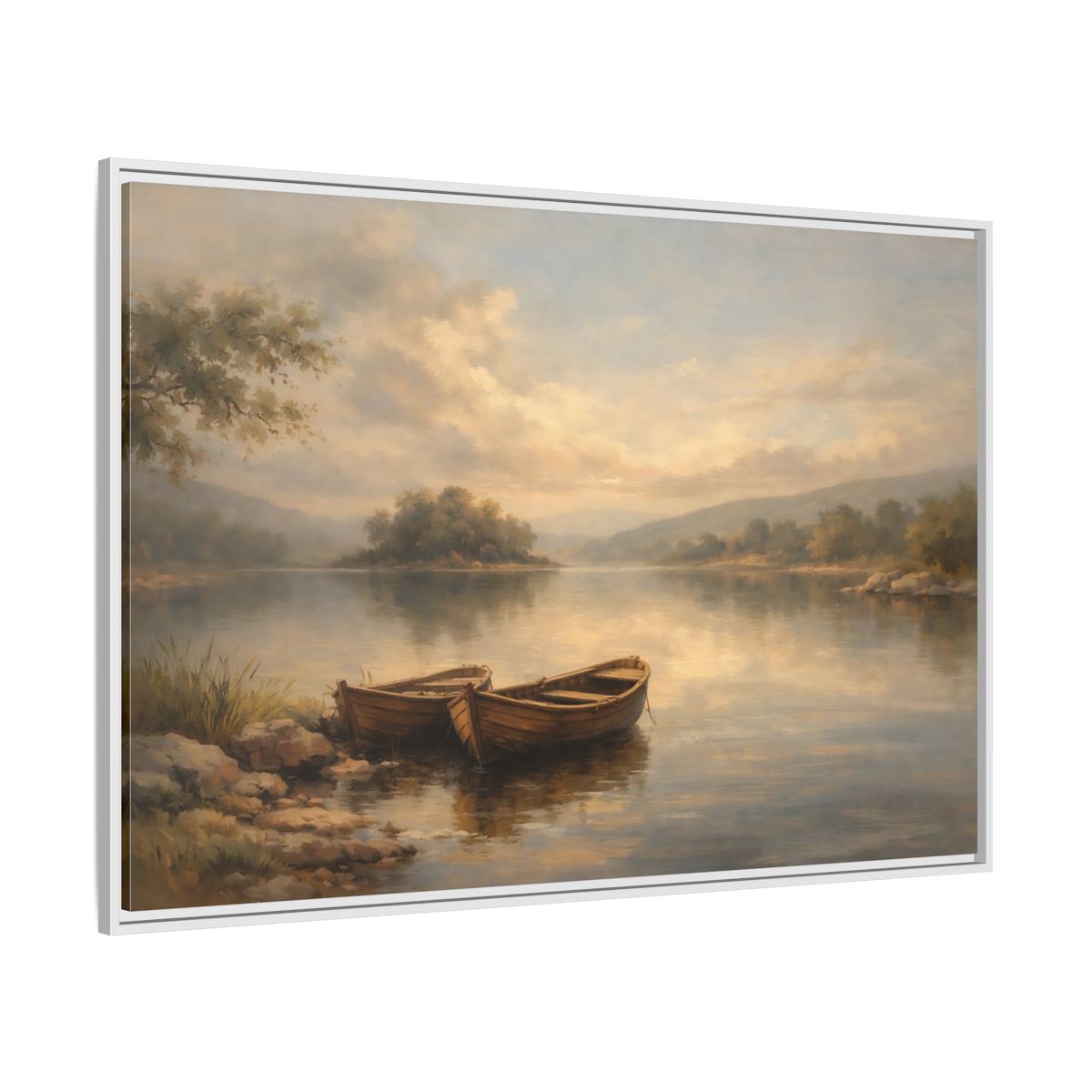 Side Mockup 7. Nature Lake Boats Golden Hour Lake shown as stretched canvas wall art
