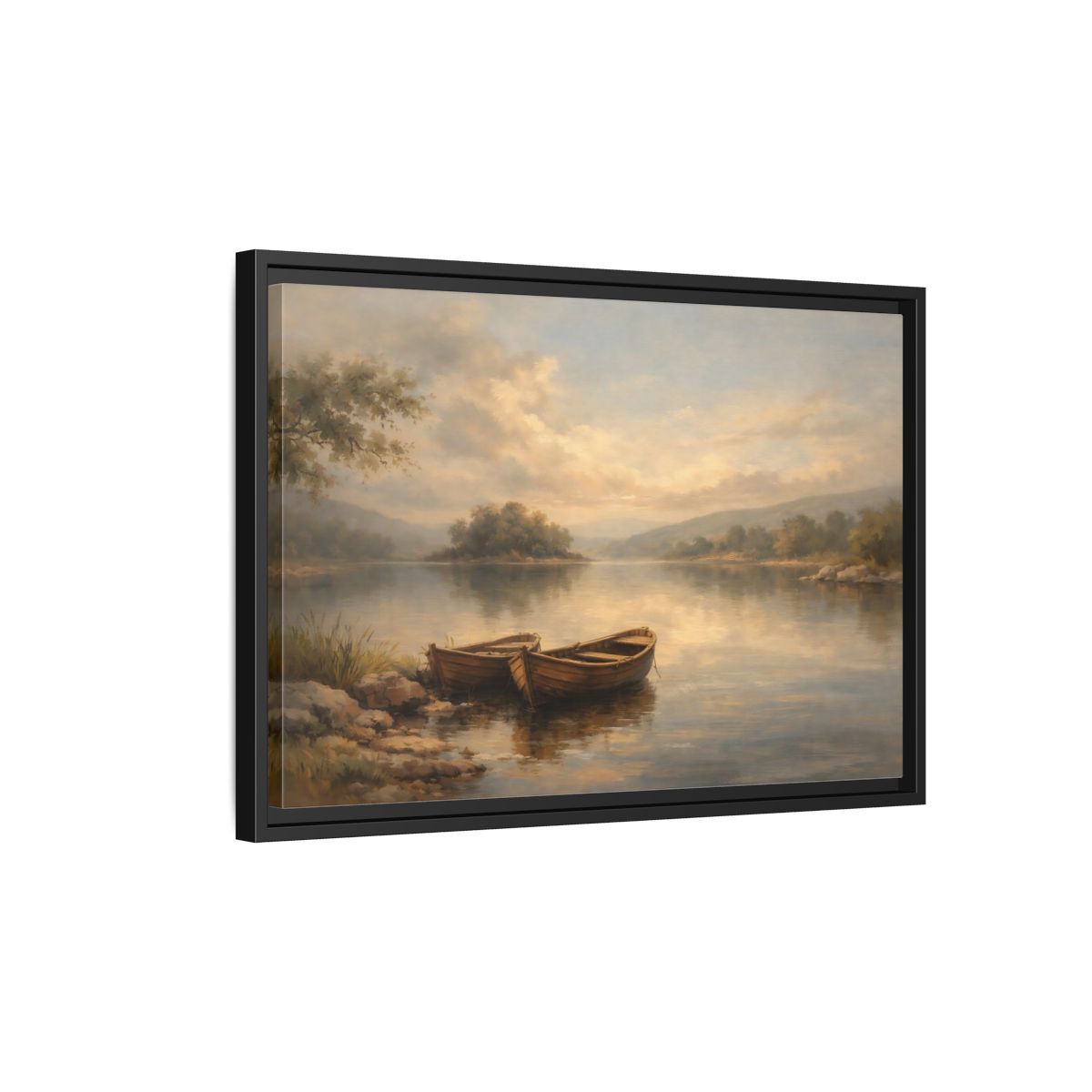 Side Mockup 3. Nature Lake Boats Golden Hour Lake shown as stretched canvas wall art