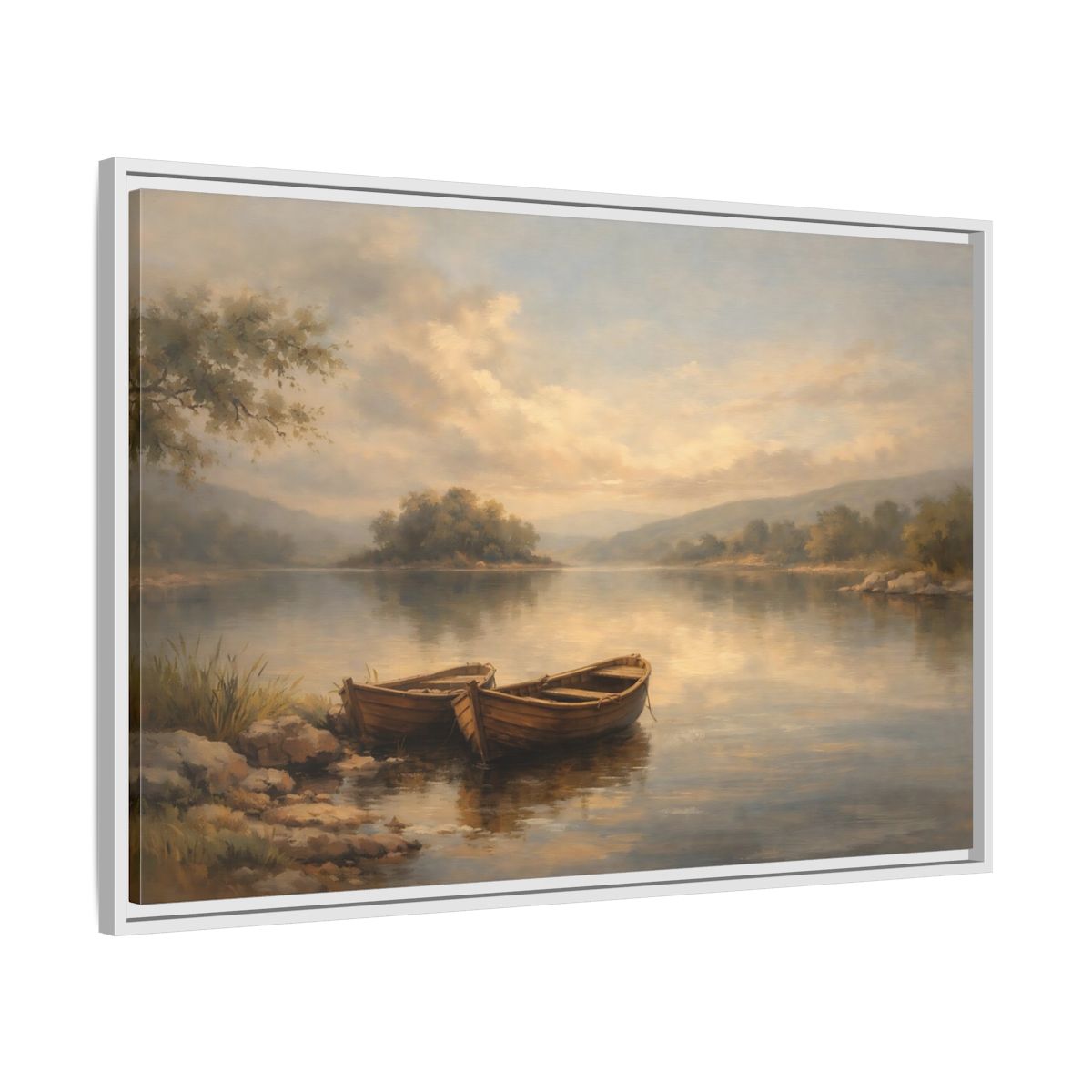 Side Mockup 8. Nature Lake Boats Golden Hour Lake shown as stretched canvas wall art
