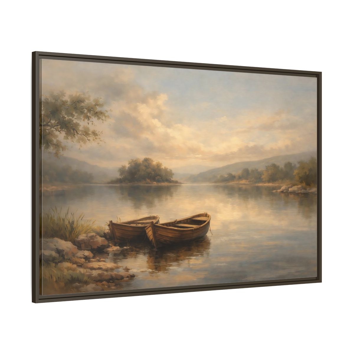 Main Mockup. Nature Lake Boats Golden Hour Lake shown as stretched canvas wall art