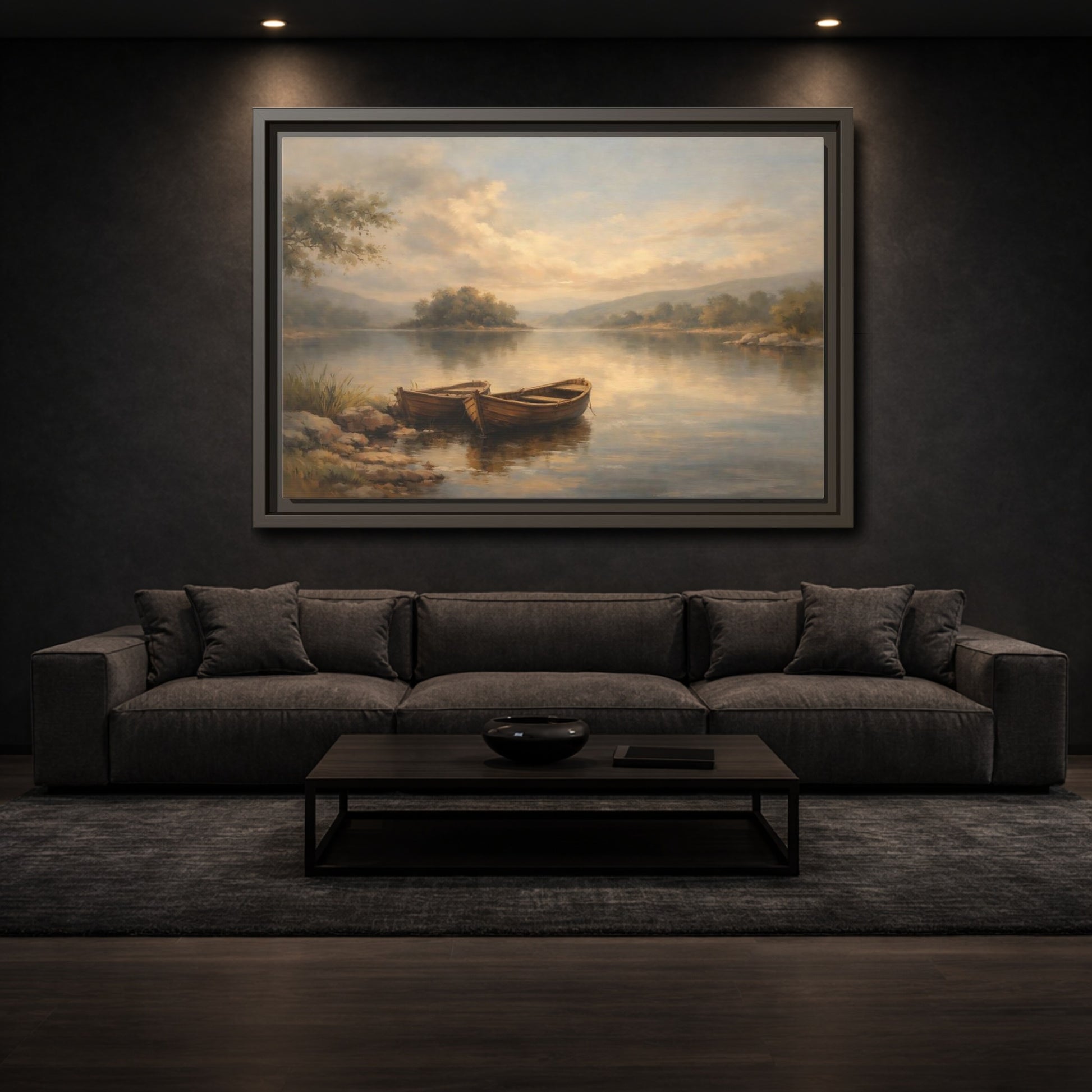 Mockup 2. Nature Lake Boats Golden Hour Lake shown as stretched canvas wall art