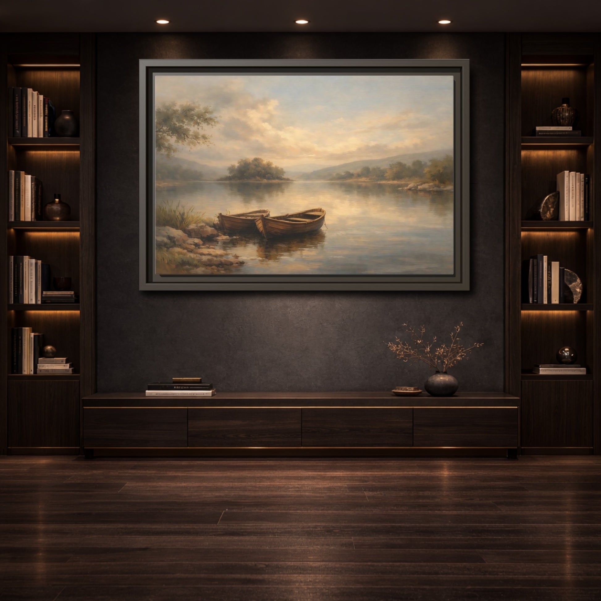 Mockup 3. Nature Lake Boats Golden Hour Lake shown as stretched canvas wall art