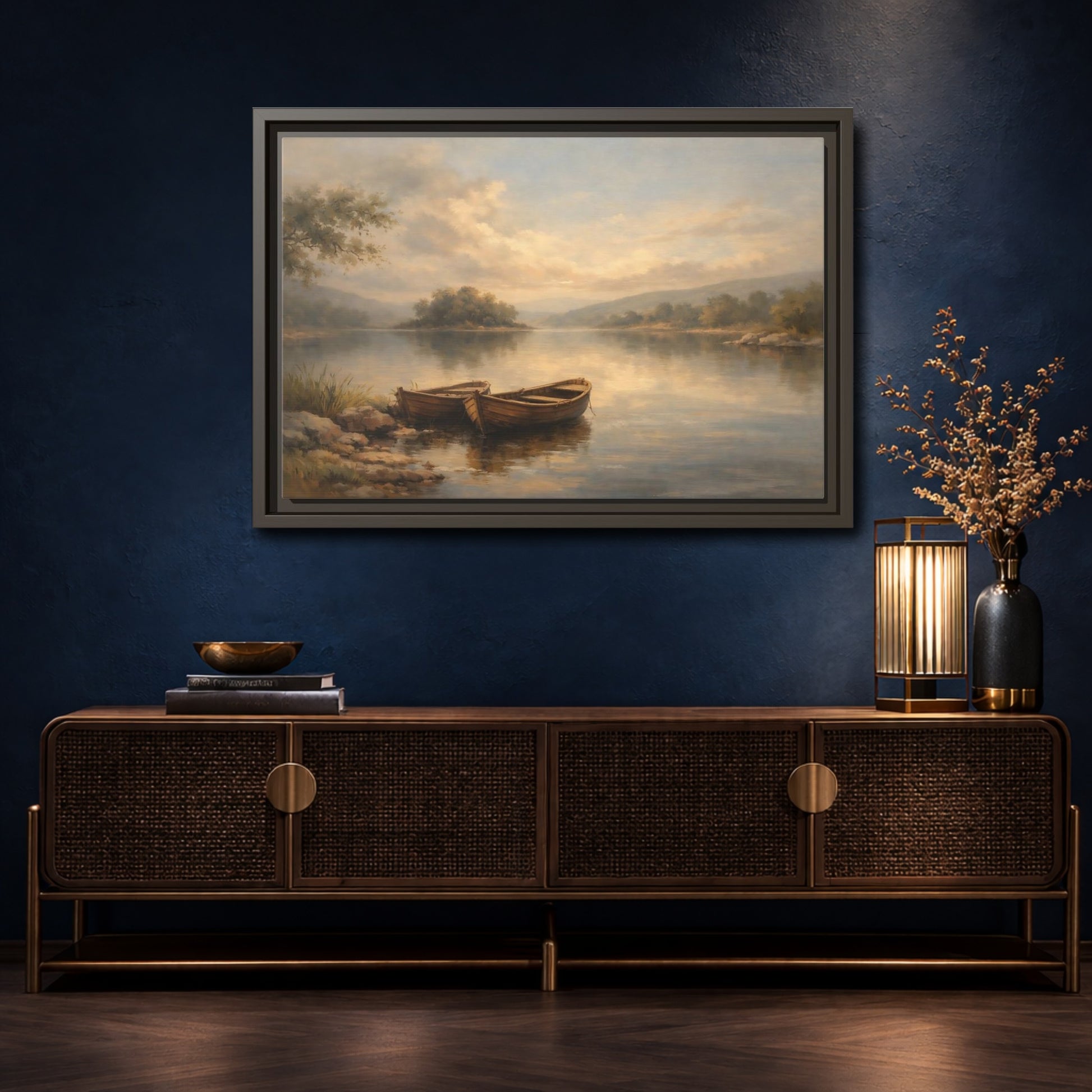 Mockup 4. Nature Lake Boats Golden Hour Lake shown as stretched canvas wall art