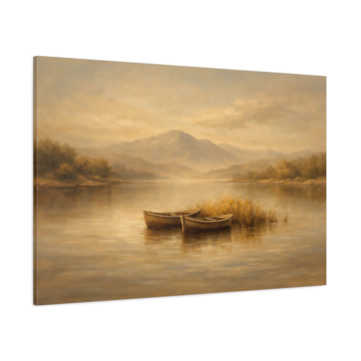 Main Mockup. Nature Lake Boats Warm Brown Landscape shown as stretched canvas wall art