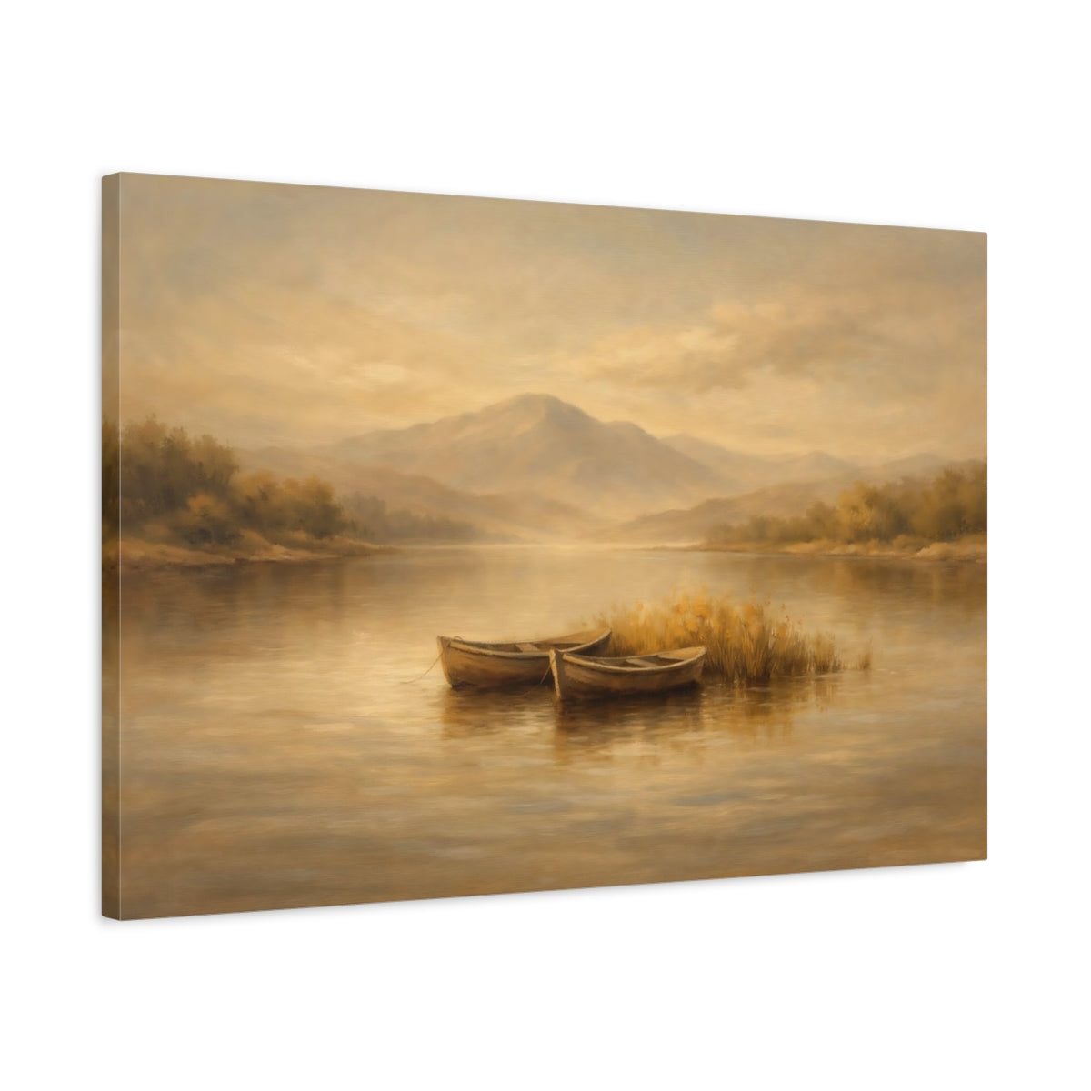 Side Mockup 2. Nature Lake Boats Warm Brown Landscape shown as stretched canvas wall art