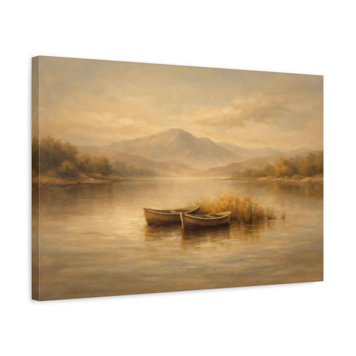 Side Mockup 3. Nature Lake Boats Warm Brown Landscape shown as stretched canvas wall art