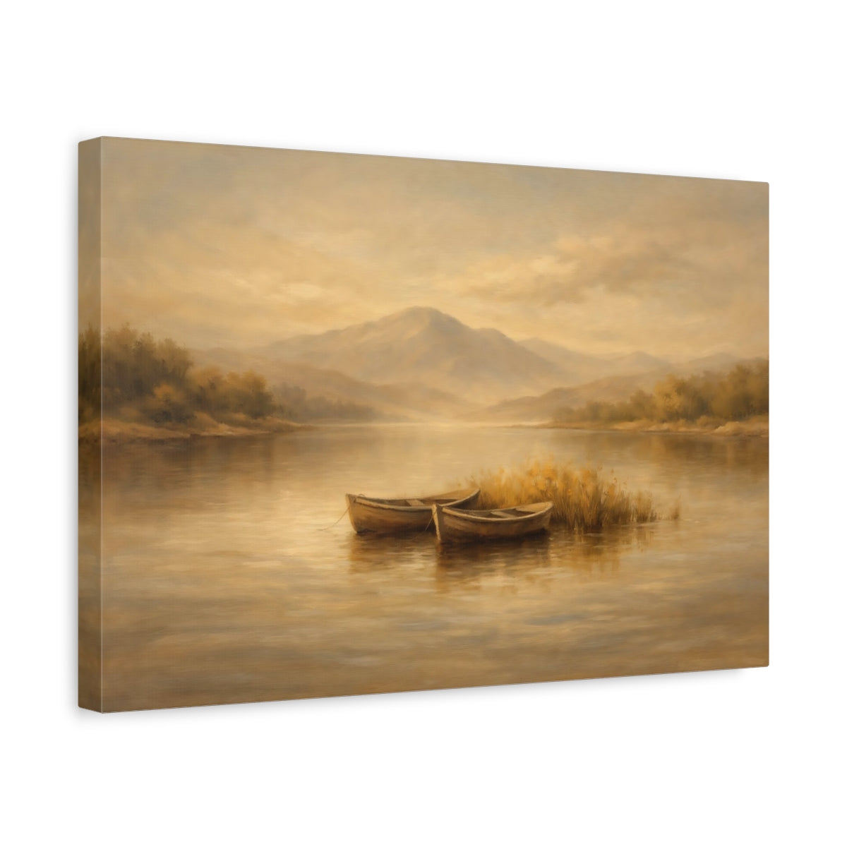 Side Mockup 4. Nature Lake Boats Warm Brown Landscape shown as stretched canvas wall art