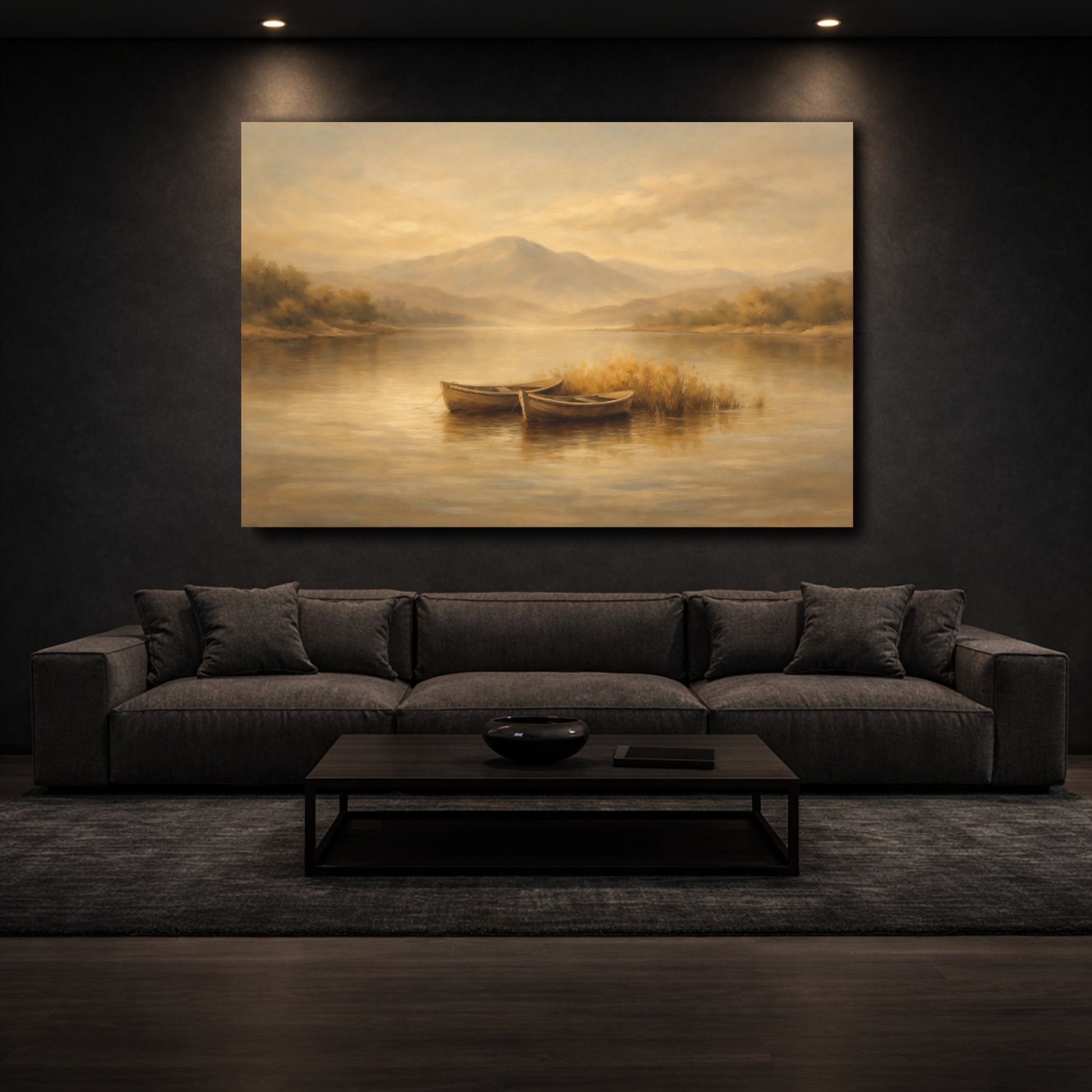 Mockup 2. Nature Lake Boats Warm Brown Landscape shown as stretched canvas wall art