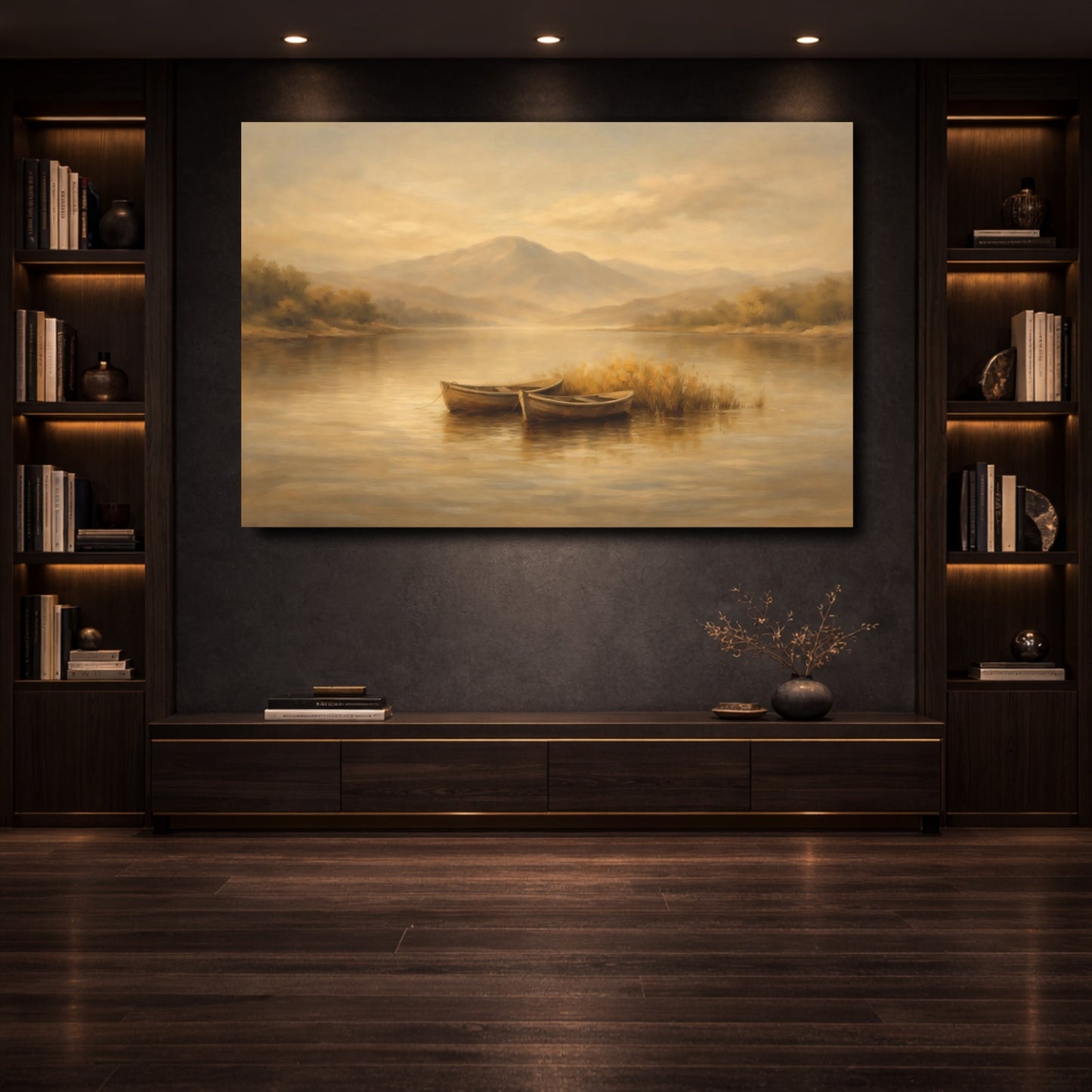 Mockup 3. Nature Lake Boats Warm Brown Landscape shown as stretched canvas wall art