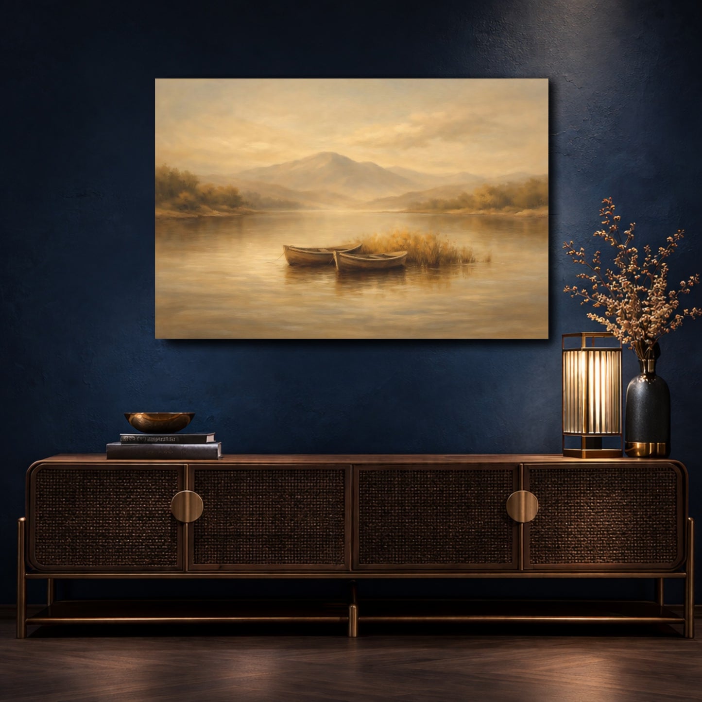 Mockup 4. Nature Lake Boats Warm Brown Landscape shown as stretched canvas wall art