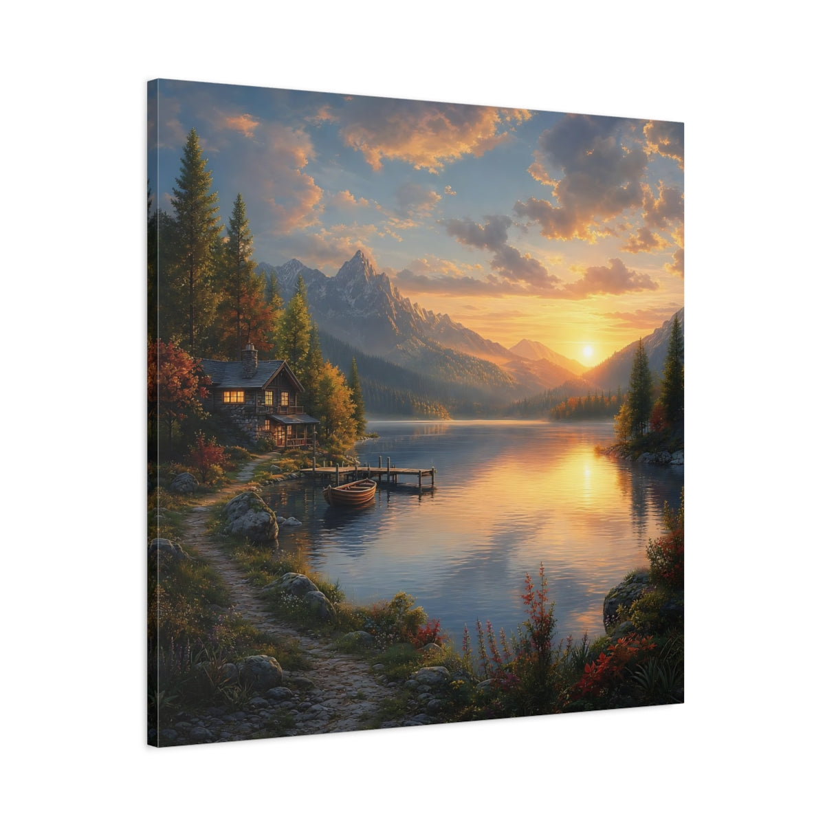 Main Mockup. Nature Lake Cabin Golden Lake Sunset shown as stretched canvas wall art