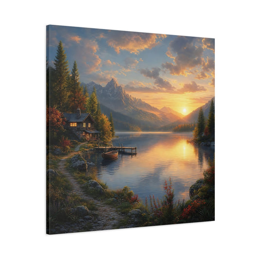 Main Mockup. Nature Lake Cabin Golden Lake Sunset shown as stretched canvas wall art