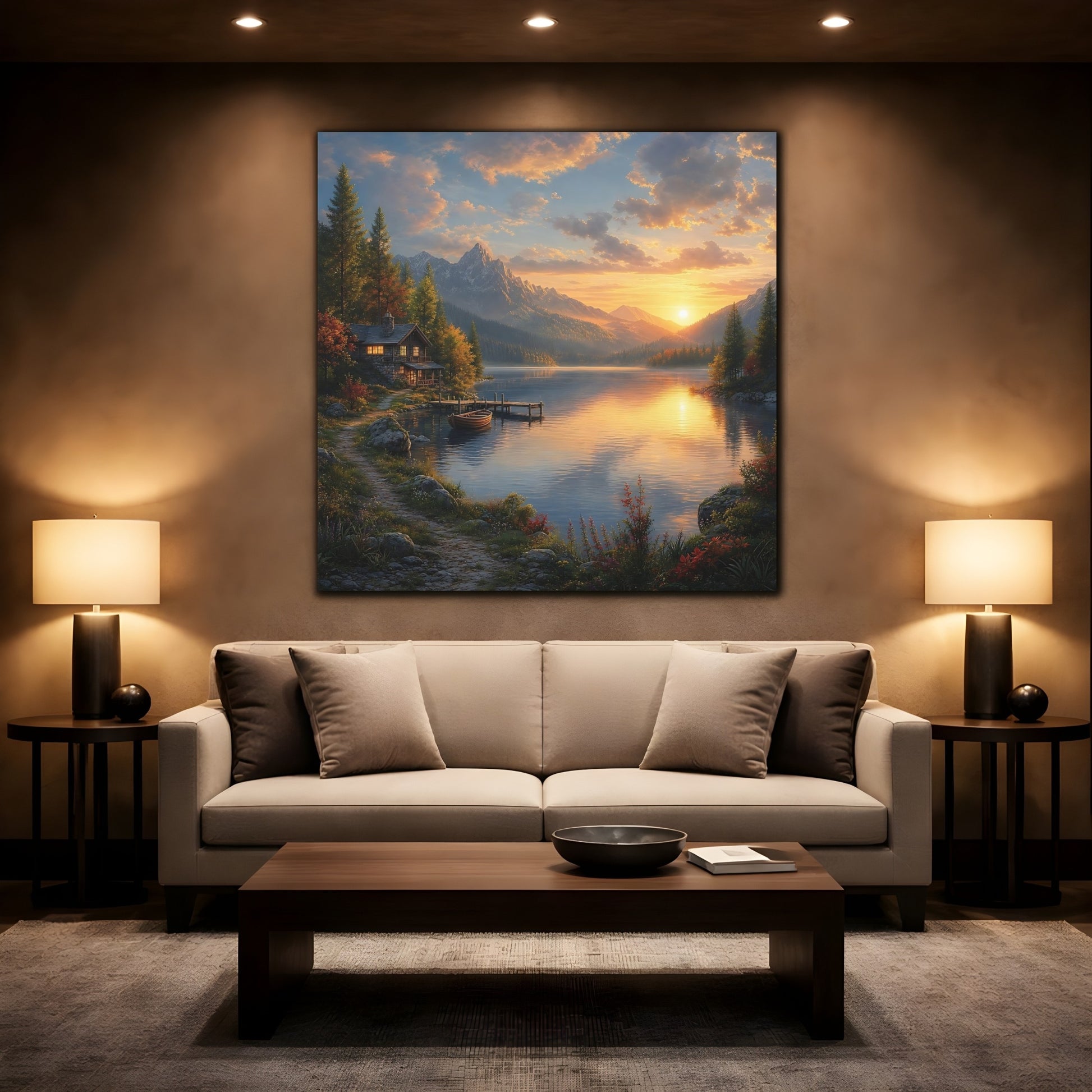 Mockup 2. Nature Lake Cabin Golden Lake Sunset shown as stretched canvas wall art