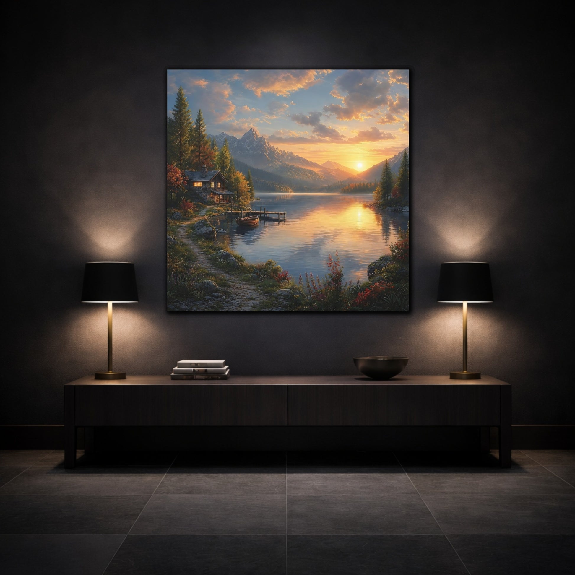 Mockup 3. Nature Lake Cabin Golden Lake Sunset shown as stretched canvas wall art