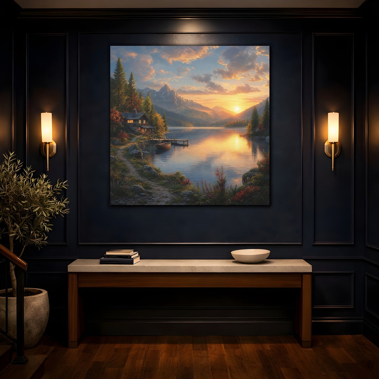 Mockup 4. Nature Lake Cabin Golden Lake Sunset shown as stretched canvas wall art