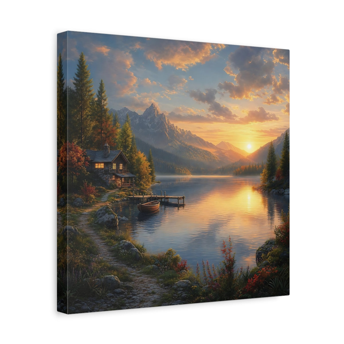 Side Mockup 7. Nature Lake Cabin Golden Lake Sunset shown as stretched canvas wall art