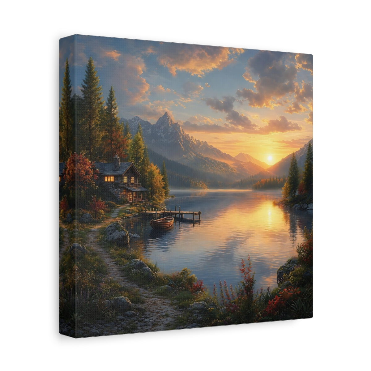 Side Mockup 9. Nature Lake Cabin Golden Lake Sunset shown as stretched canvas wall art