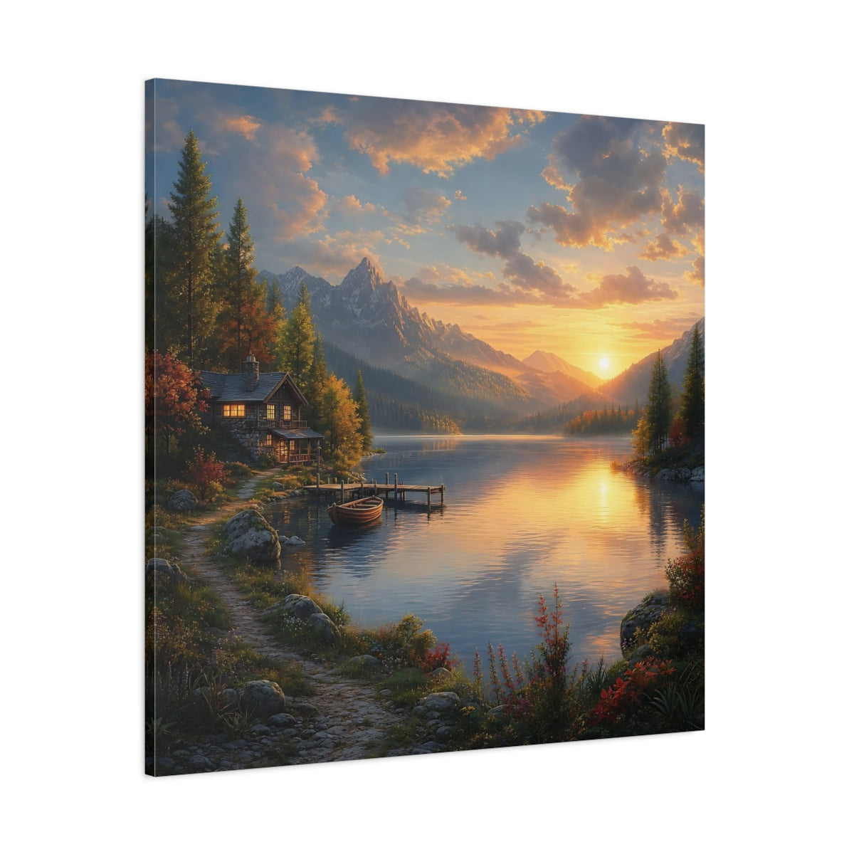 Side Mockup 1. Nature Lake Cabin Golden Lake Sunset shown as stretched canvas wall art