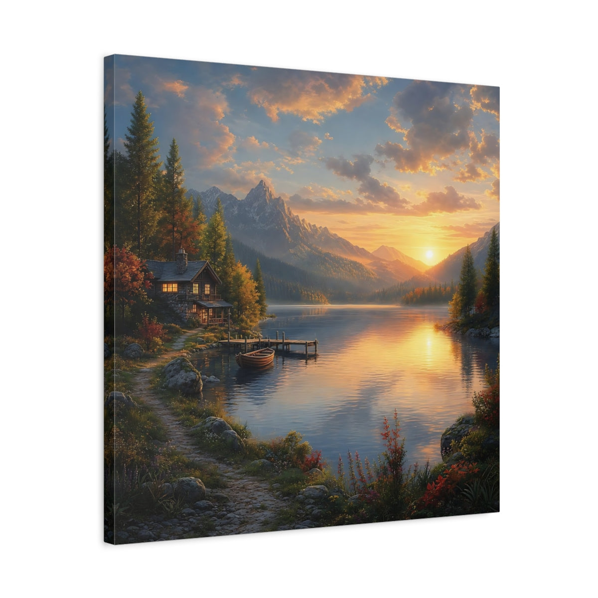 Side Mockup 4. Nature Lake Cabin Golden Lake Sunset shown as stretched canvas wall art
