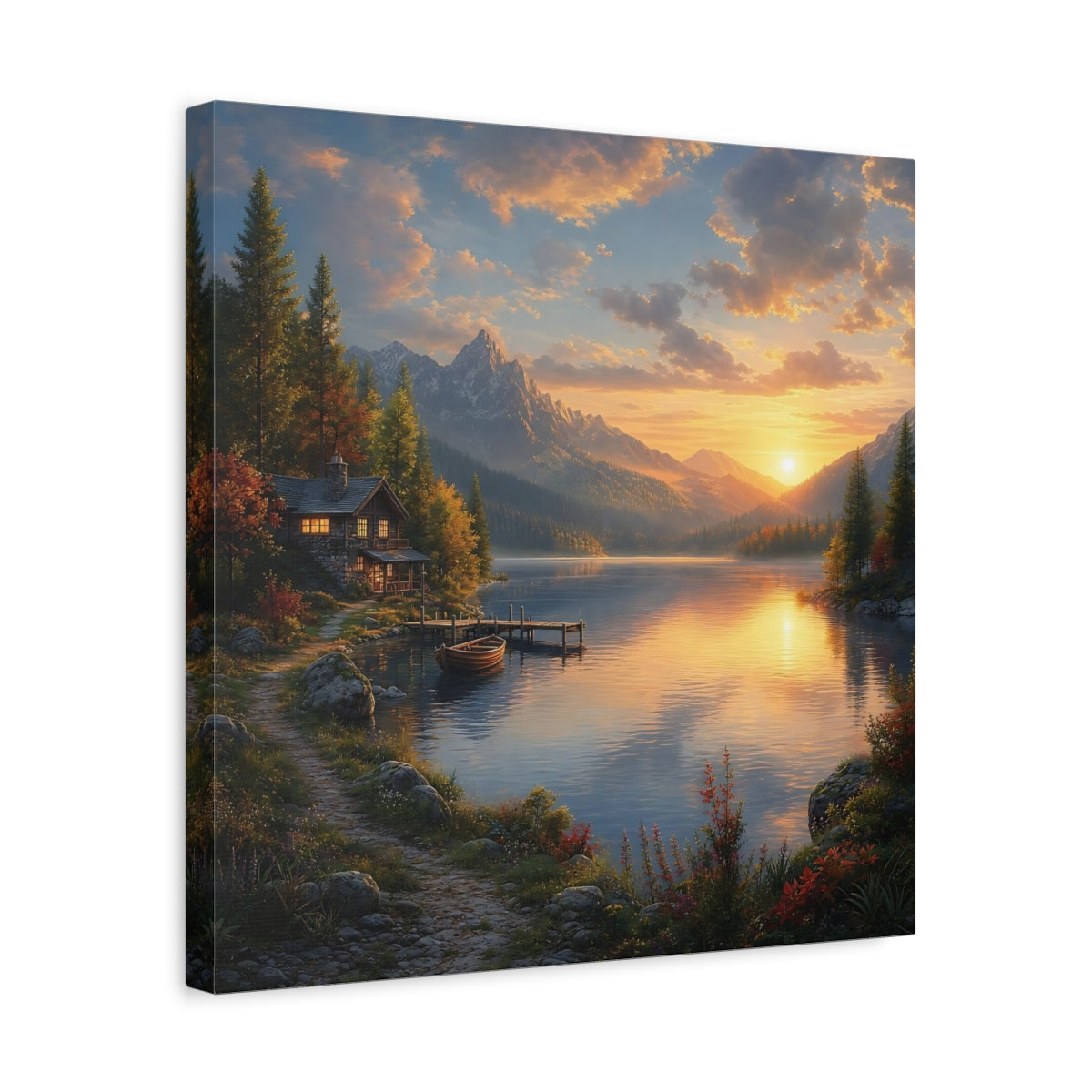 Side Mockup 6. Nature Lake Cabin Golden Lake Sunset shown as stretched canvas wall art