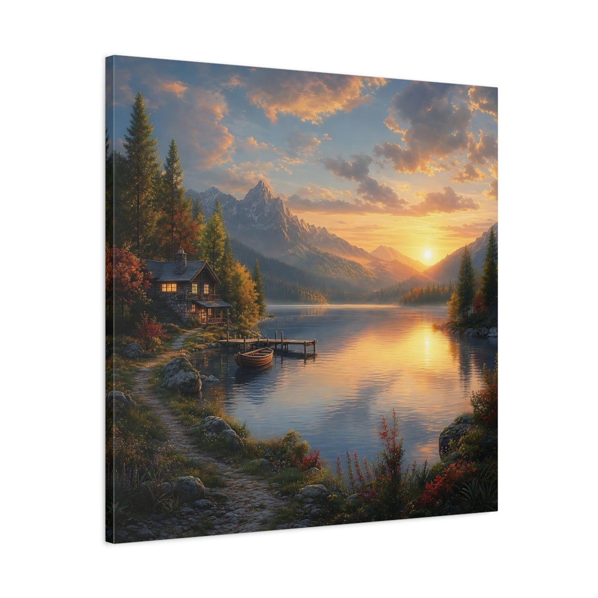 Side Mockup 3. Nature Lake Cabin Golden Lake Sunset shown as stretched canvas wall art