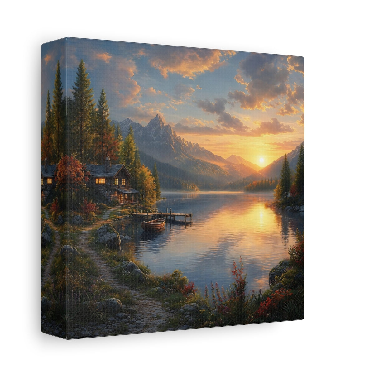 Side Mockup 2. Nature Lake Cabin Golden Lake Sunset shown as stretched canvas wall art