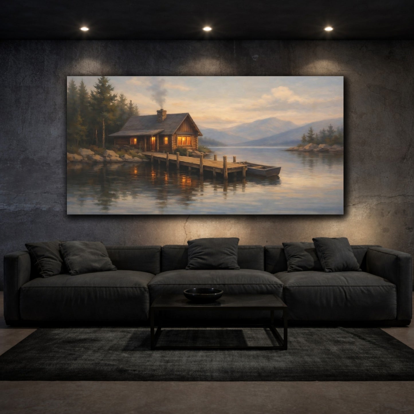 Mockup 2. Nature Lake Cabin Lake Cabin Sunset shown as stretched canvas wall art