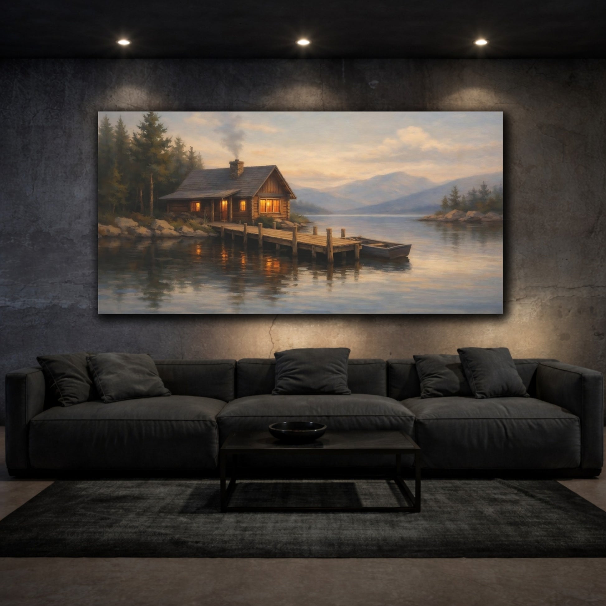 Mockup 2. Nature Lake Cabin Lake Cabin Sunset shown as stretched canvas wall art