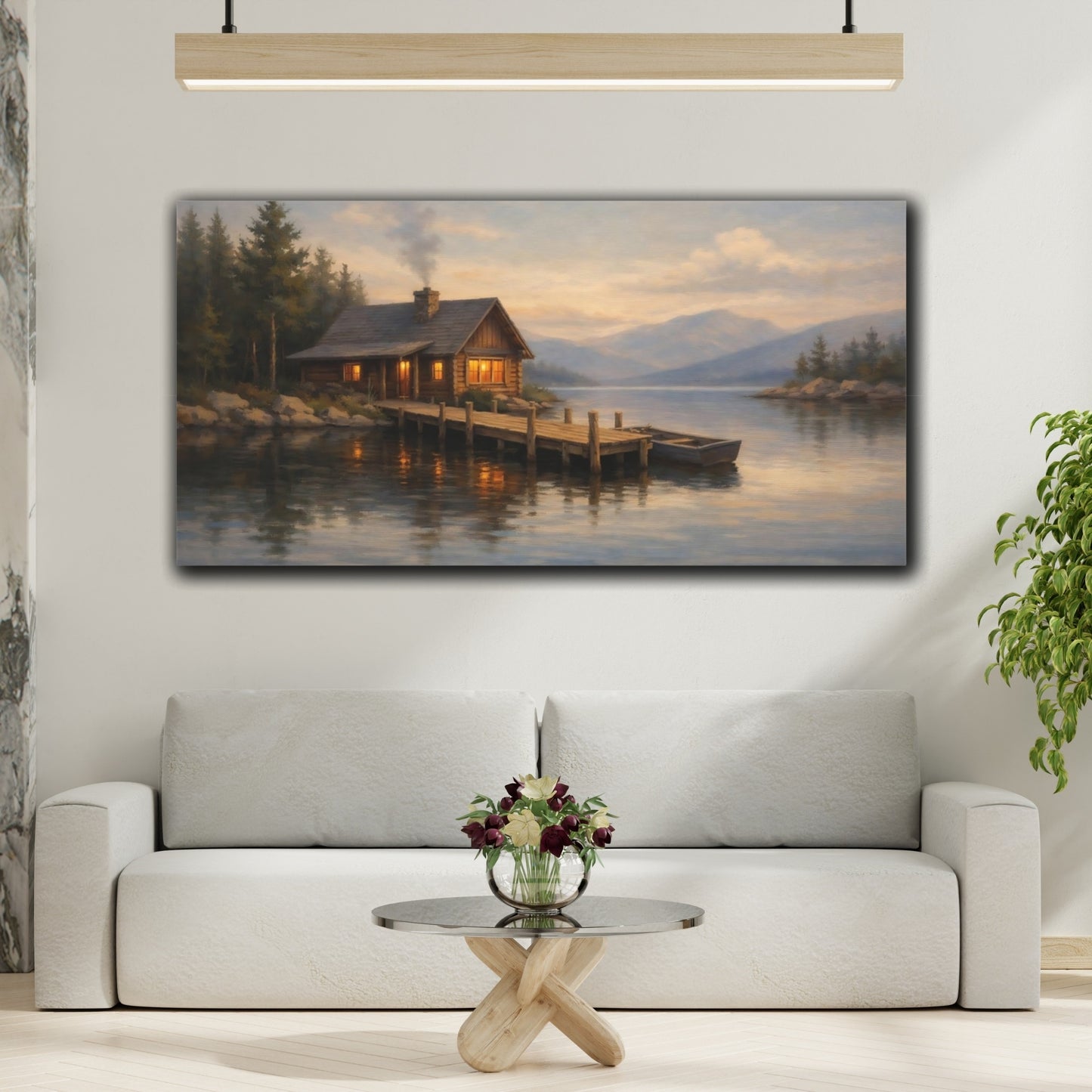 Mockup 3. Nature Lake Cabin Lake Cabin Sunset shown as stretched canvas wall art