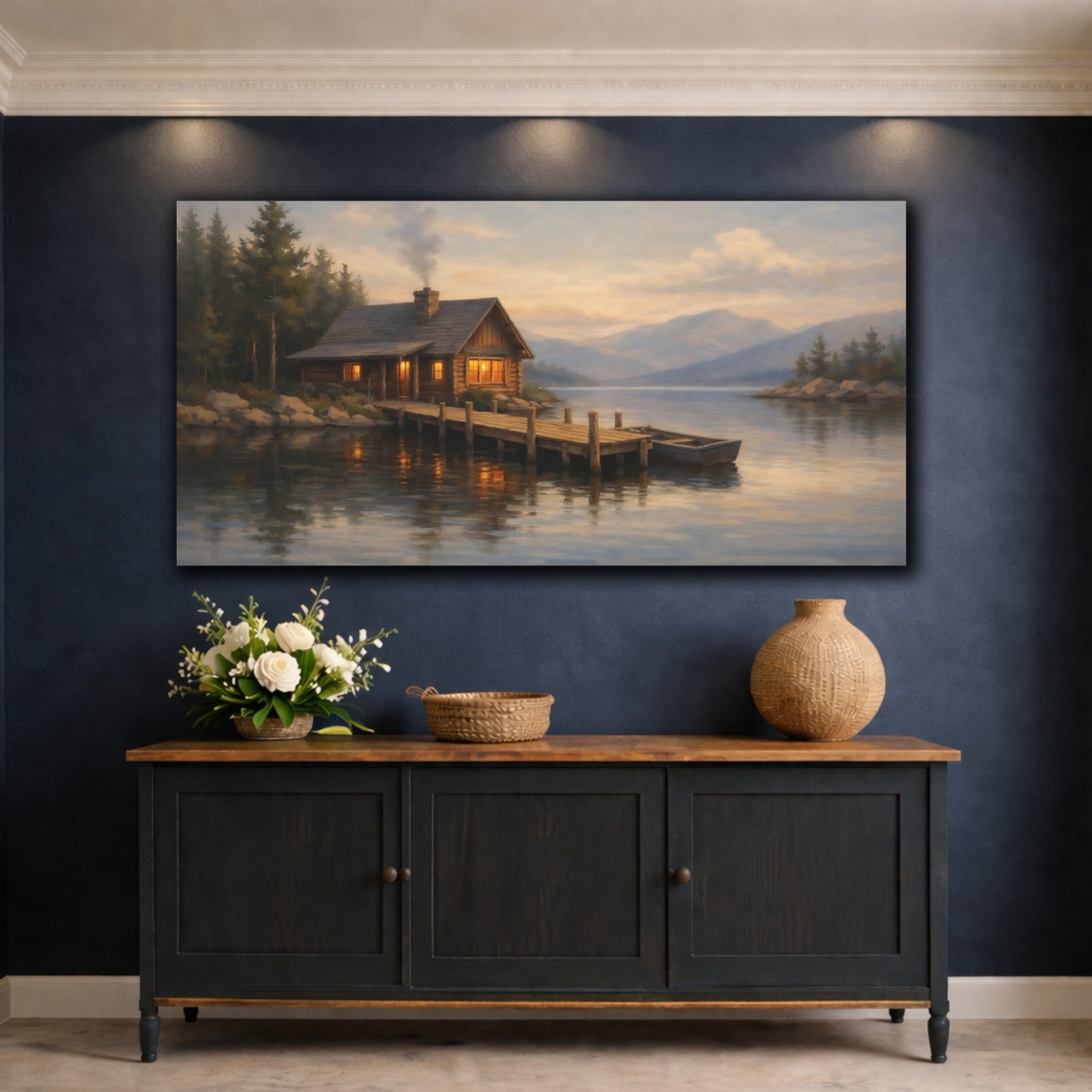 Mockup 4. Nature Lake Cabin Lake Cabin Sunset shown as stretched canvas wall art