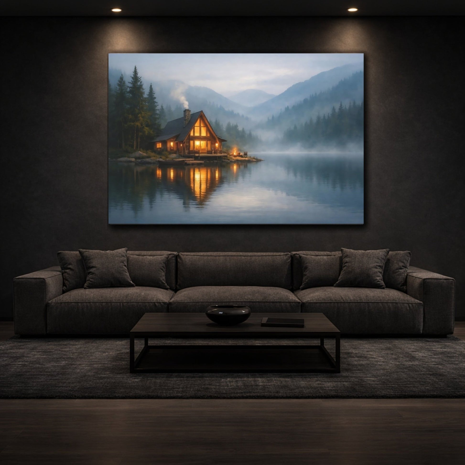 Nature Lake Cabin Misty - Canvas Wall Art Print - YesArtYes