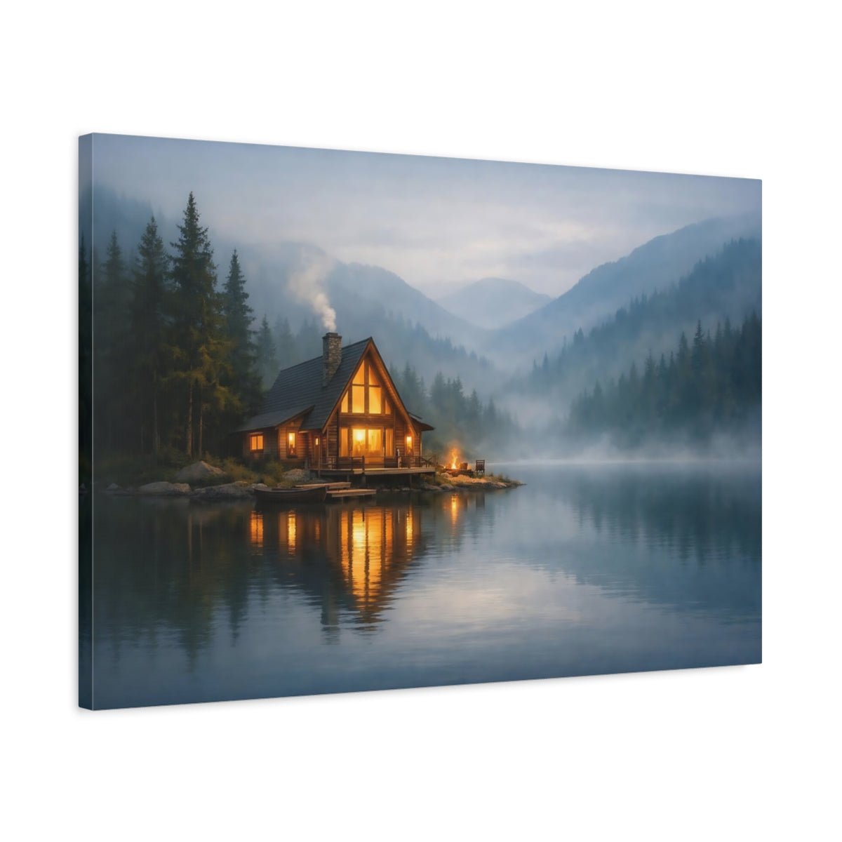 Nature Lake Cabin Misty - Canvas Wall Art Print - YesArtYes
