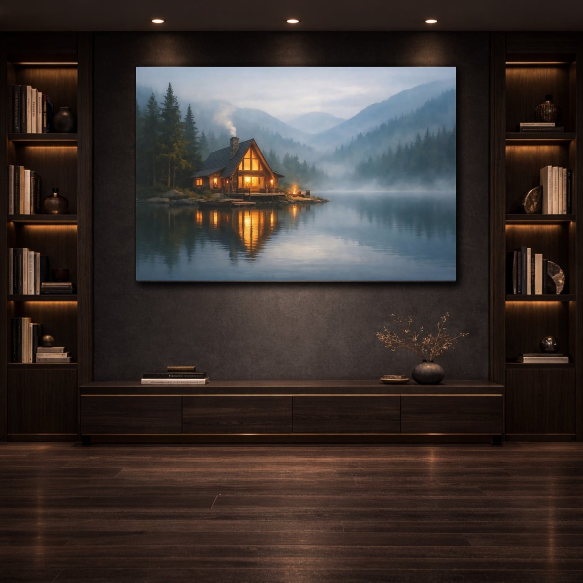 Nature Lake Cabin Misty - Canvas Wall Art Print - YesArtYes