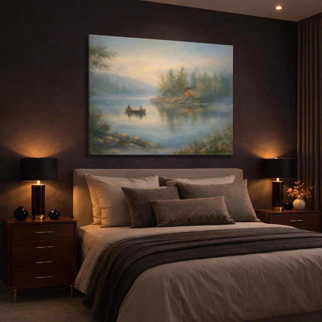 Nature Lake Cabin Misty Lake shown as canvas wall art in a luxury bedroom
