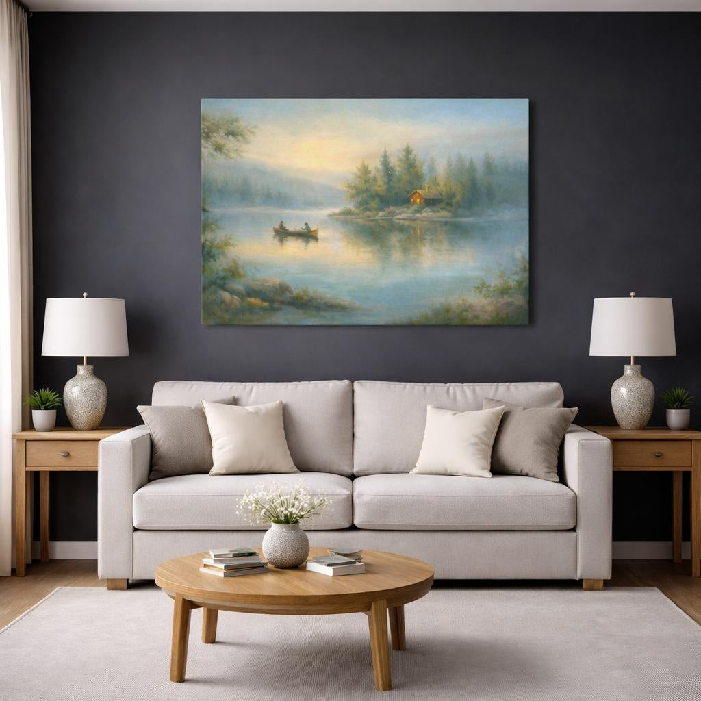 Nature Lake Cabin Misty Lake shown as canvas wall art in a modern living room