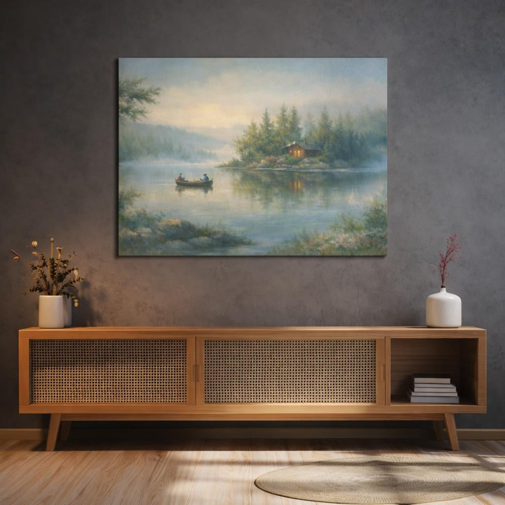 Nature Lake Cabin Misty Lake shown as canvas wall art in a sophisticated contemporary living space
