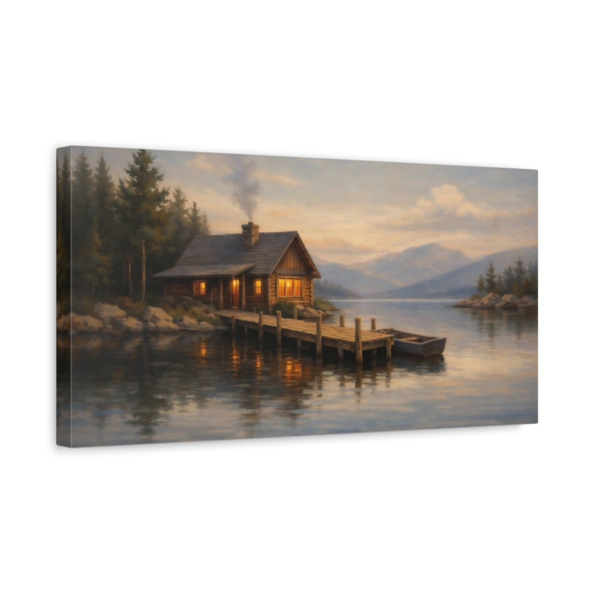 Side Mockup 3. Nature Lake Cabin Lake Cabin Sunset shown as stretched canvas wall art