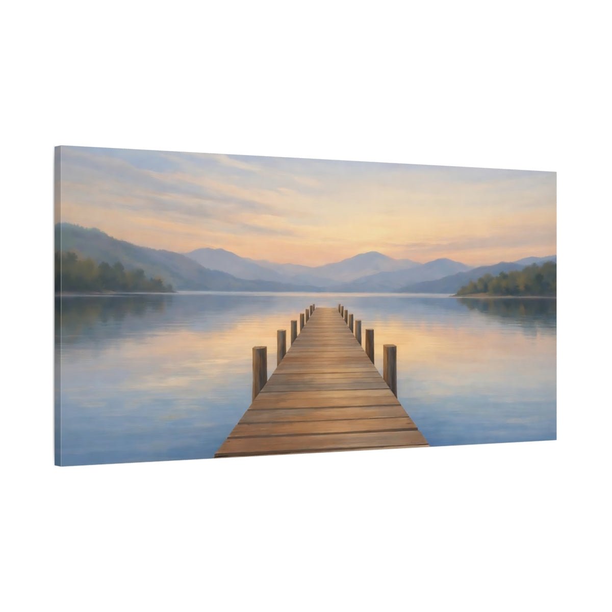 Nature Lake Dock Blue Orange Landscape - Canvas Wall Art Print - YesArtYes
