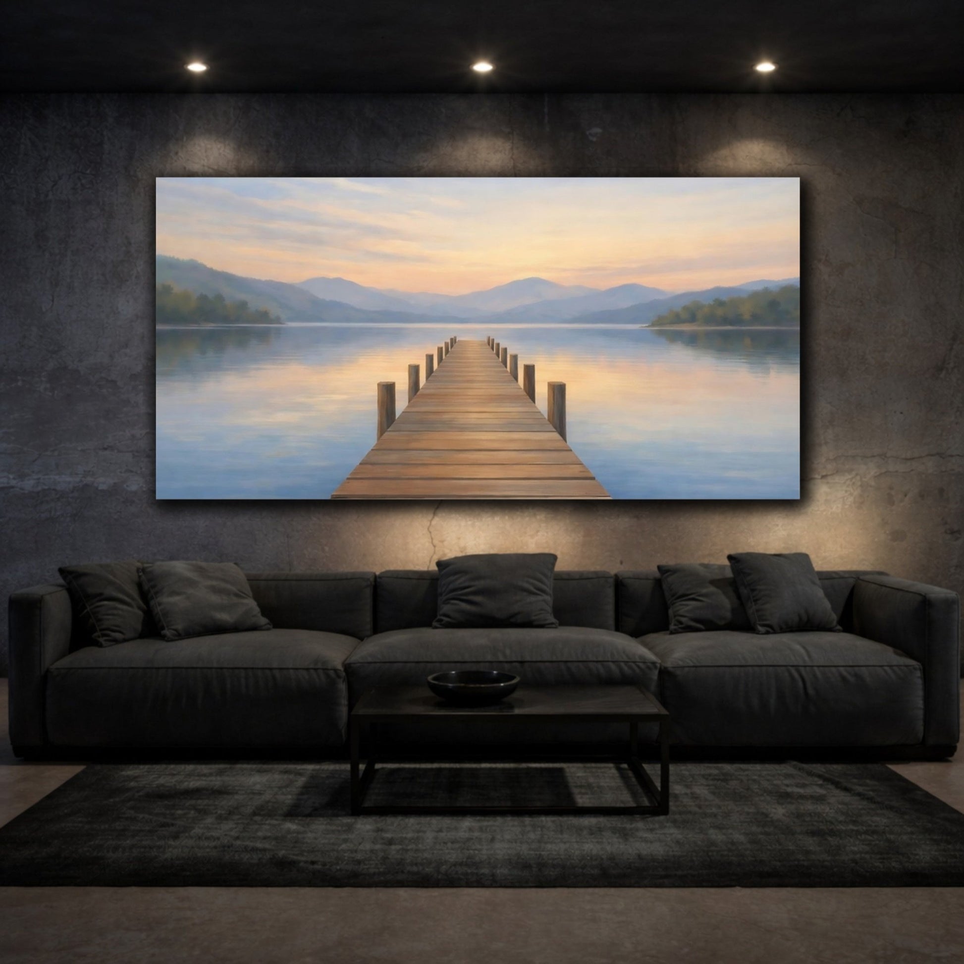 Nature Lake Dock Blue Orange Landscape - Canvas Wall Art Print - YesArtYes